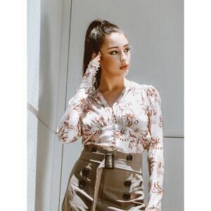 Paco Rabanne Floral Print Diamante Button Blouse Beige - S